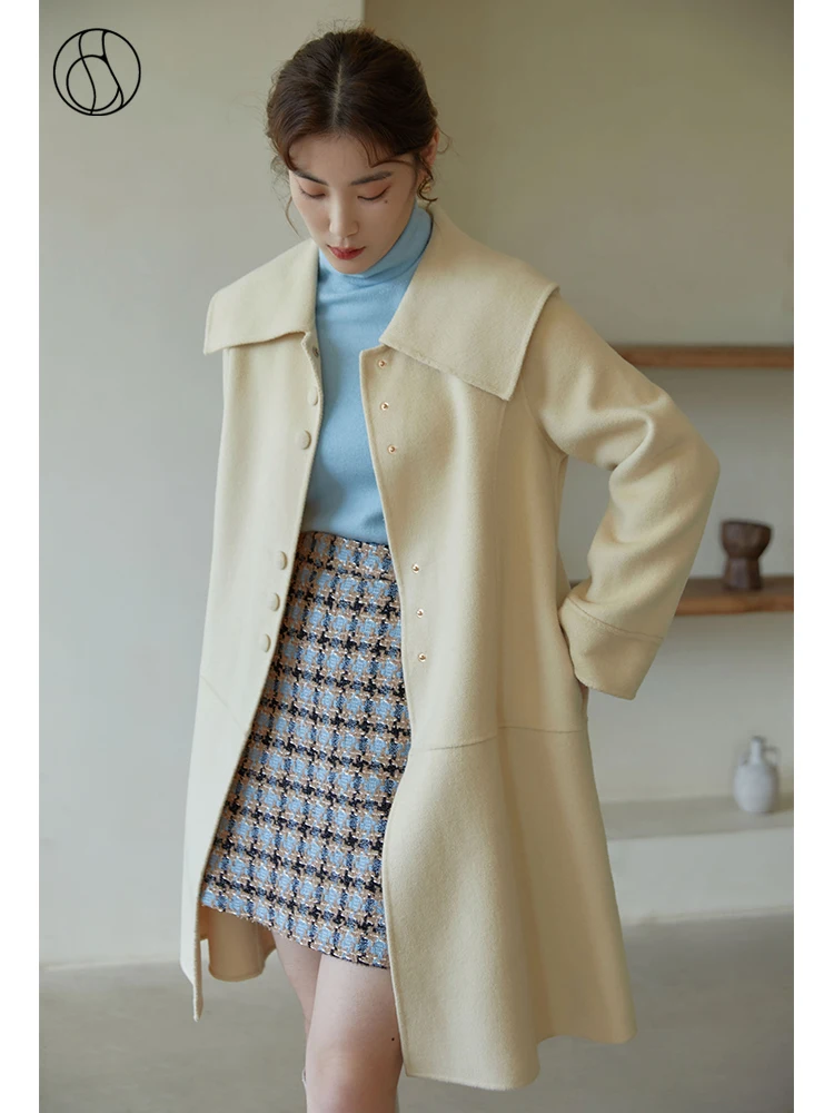 

DUSHU Women Temperament Gentle Light Yellow Double-sided Woolen Coat Large Lapel Design Mid-length Warm Jacket Women Long Coats