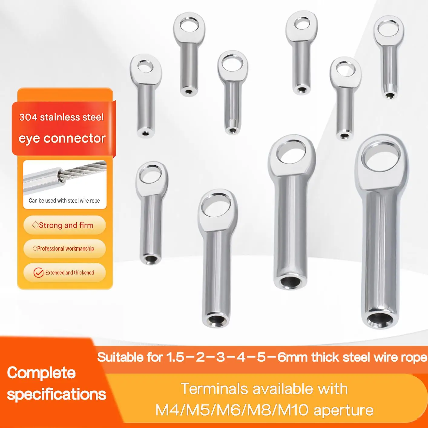 304 Stainless Steel Short Eye Terminal for Wire Rope 1.5-6mm, Cable Thimble Eyelet End Fitting with Mounting Hole M4-M10