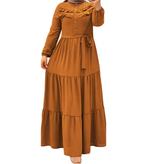 Turkey Islam Muslim Dress Caftan Solid with Belt Ruffle Abayas for Women Longue Kimono Femme Musulmane Women Abaya Dubai Kaftan