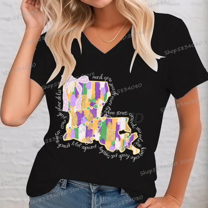 Louisiana Mardi Gras Funny T-shirt Women Vintage V Neck Tops Tee Mardi Gras Design Shirt Short Sleeve Carnival Streetwear Tshirt