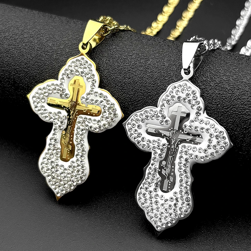 

Orthodox Jesus Cross Pendant Necklace for Women Men Silver Color Stainless Steel Full Rhinestones Crucifix Amulet Chain Jewelry