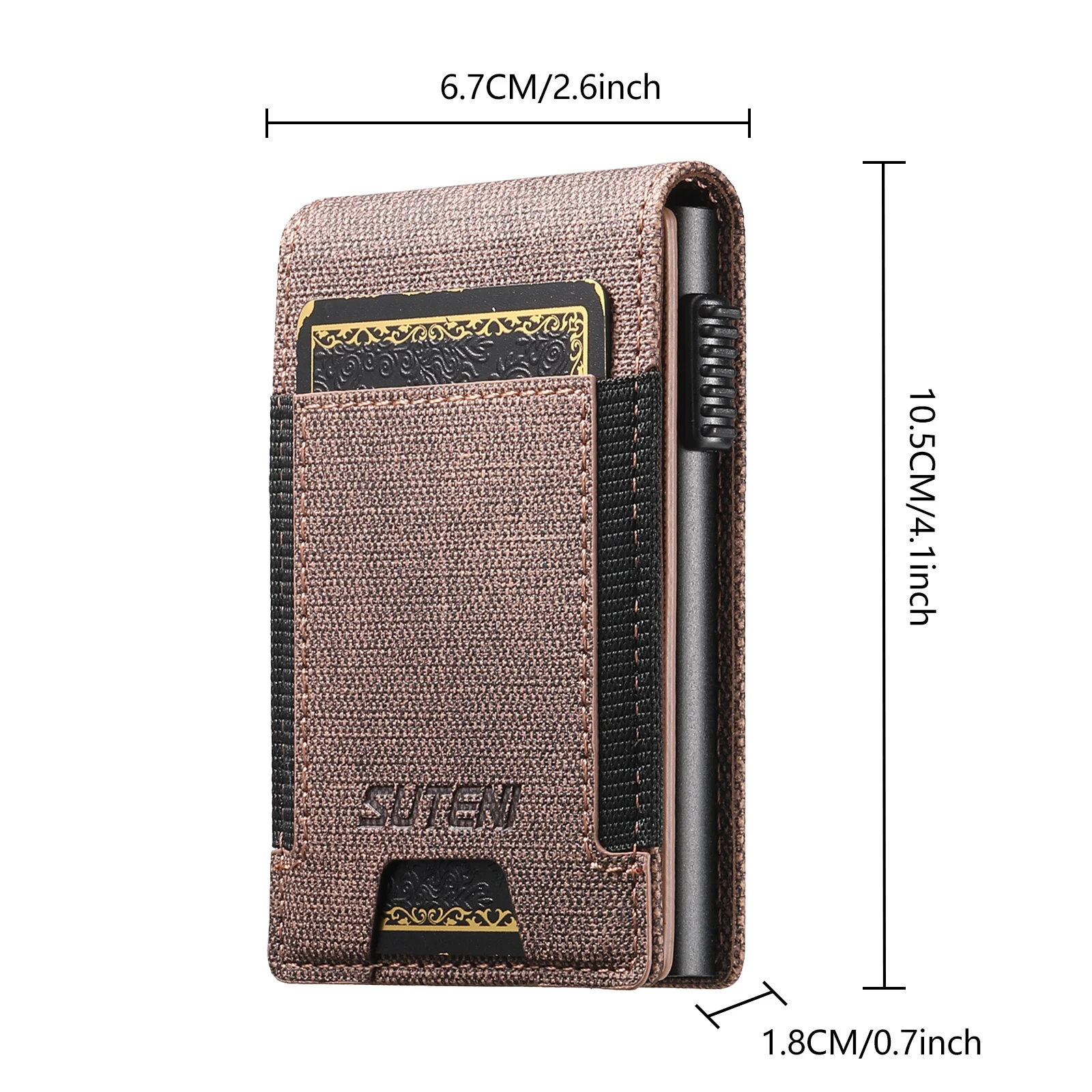 Luxury Business Denim Pattern Leather Auto Pop-Up Card Holder for Men Photo ID Window RFID Blocking Pocket Size Shockproof Purse