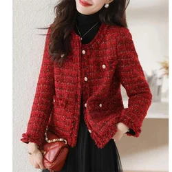 2025 New Autumn Jacket French High end Temperament Red Fragrant Coat Women Short Thick Tweed Outwear Female Cropped Jacket Tops