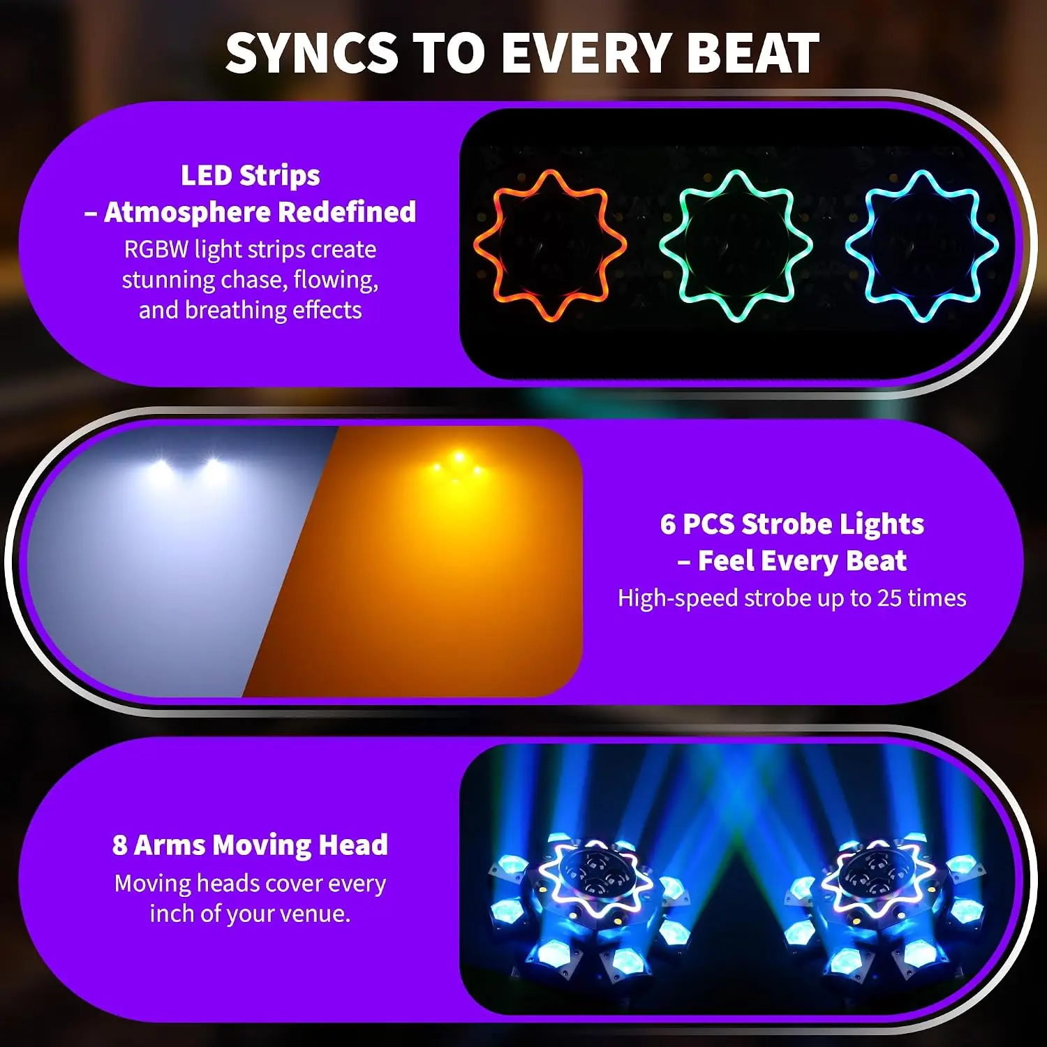 200W Disco Party Lights 8 Arm Moving Head DJ Lights RGBW LED DMX512 Sound Activated Beam Stage Light for Events Wedding Club view 4