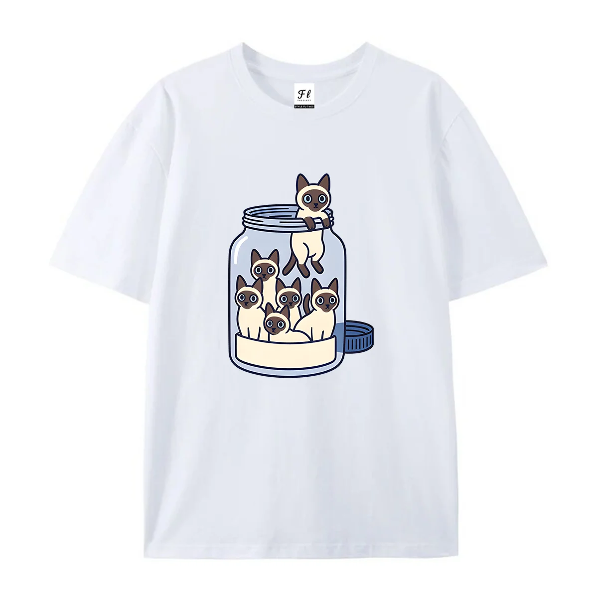 Unisex Cute Siamese Cat Jar Graphic Tshirt Summer O Neck Short Sleeve Casual Cartoon Pet Print Soft Tee Gift for Cat Lovers