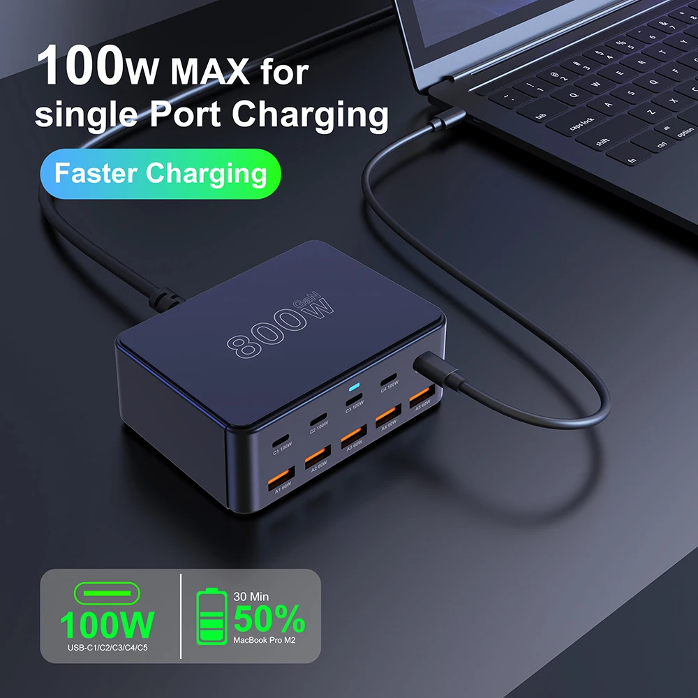 800W USB C GaN Charger 100W PD3.0 PPS QC3.0 Multiport Fast Charging Station for iPhone 15 16 Samsung Macbook Pro Laptops Tablets - náhled 3