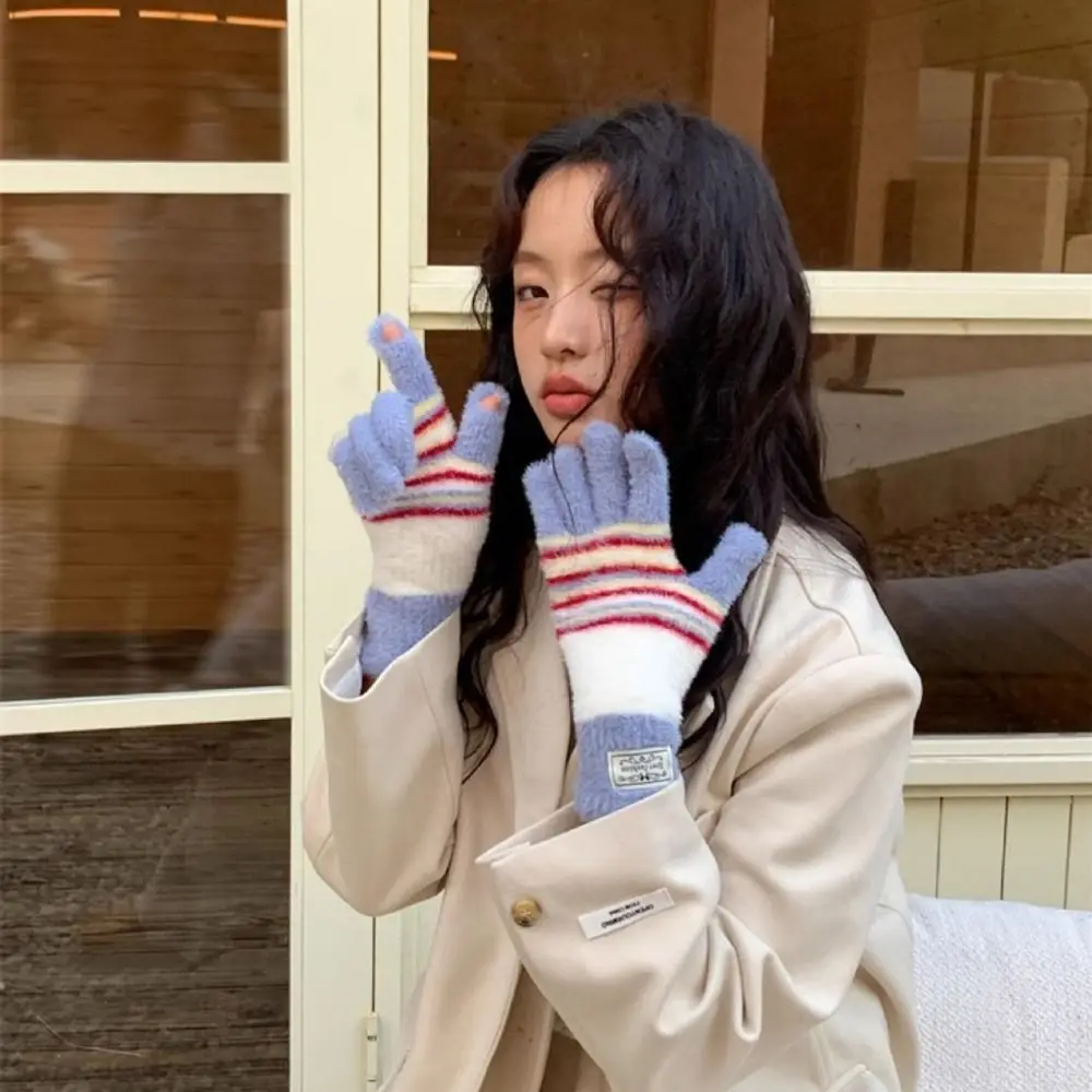 Casual Korean Style Colorful Striped Gloves Harajuku Soft Full Fingers Mittens Warm Rainbow Color Striped Knitted Gloves Cycling