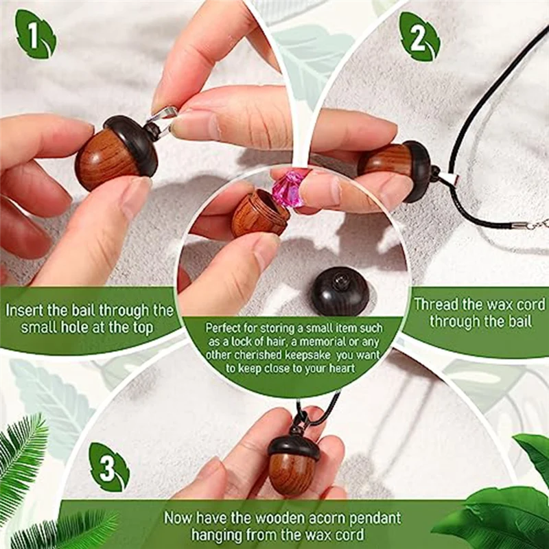 10 peças bolota de porca de madeira com 10 peças cabo de colar encerado preto para faça você mesmo