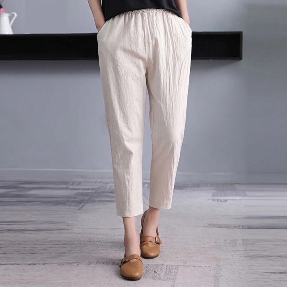 Women Summer Harem Trousers Cotton Linen Loose Fit Casual Cropped Pants Elastic Waist Vintage Style Breathable Soft Daily Gear