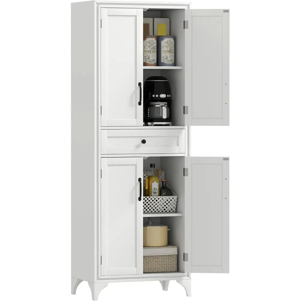 4-Door Tall Kitchen Pantry Cabinet with Drawer and Adjustable Shelves, White