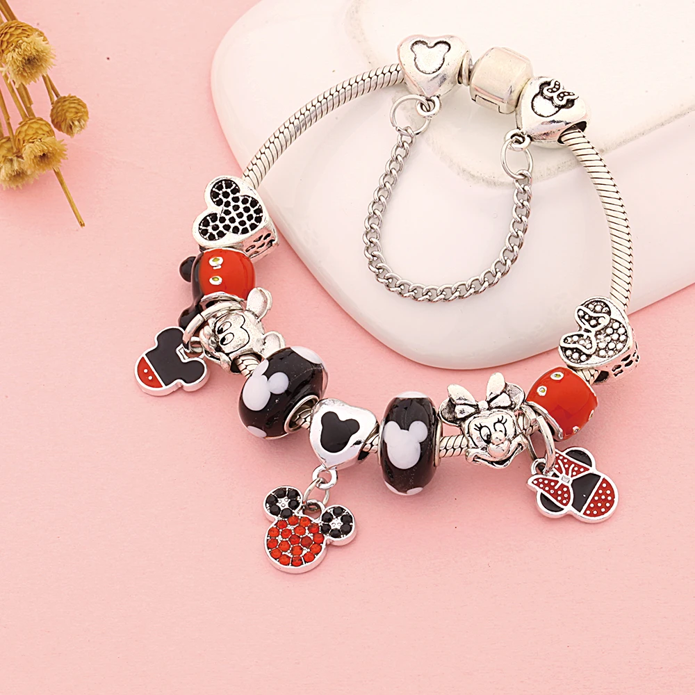 Black Crystal Disney Mickey Minnie Beaded Bracelet Classic Cartoon Animal Charm Jewelry Fashion Gift