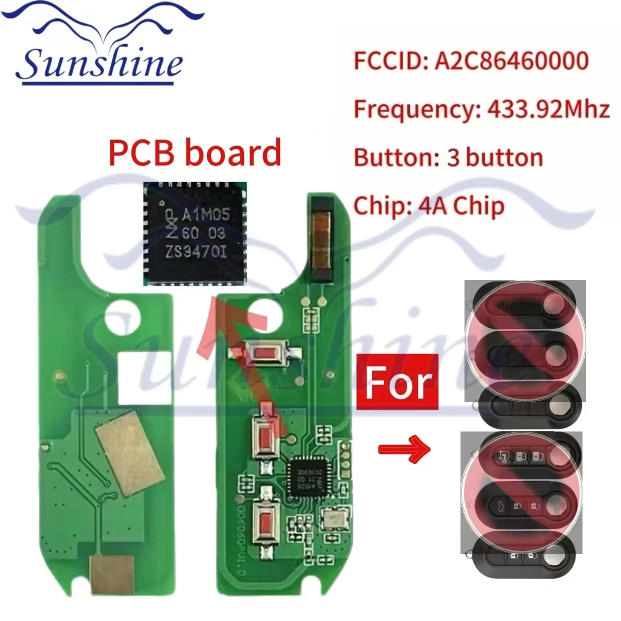 Sunshine PCB Aftermarket  Flip Remote Key HITAG AES 4A Chip 433Mhz A2C86460000 Fob For Fiat Strada MOBI UNO Fiorino E MAIS