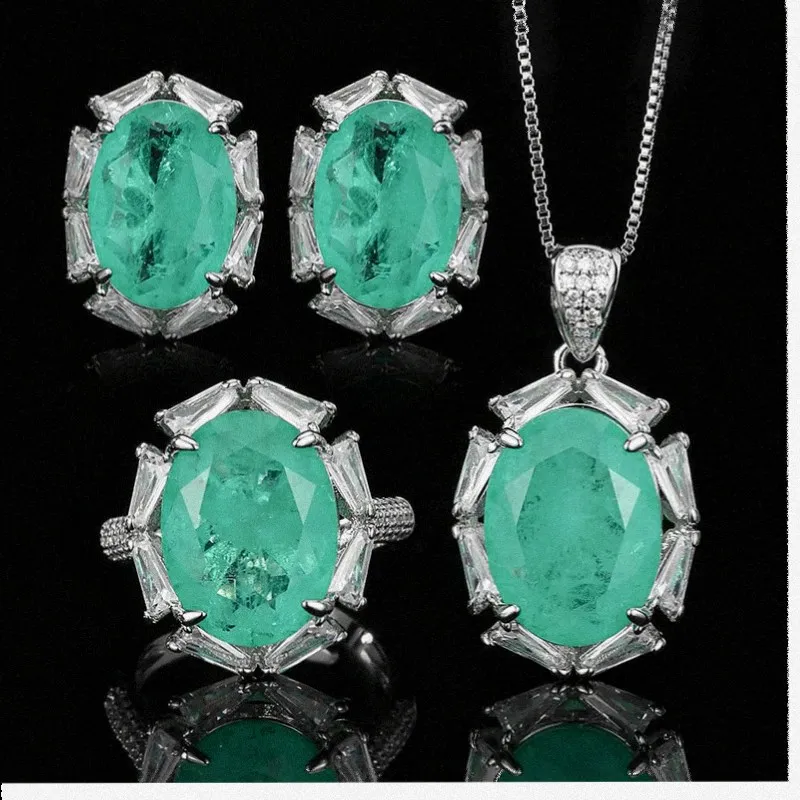 Luxury Oval Cut Paraiba Tourmaline Jewelry for Women Elegant CZ Halo Necklace Earrings Adjustable Ring Bridal Party Fine Gift
