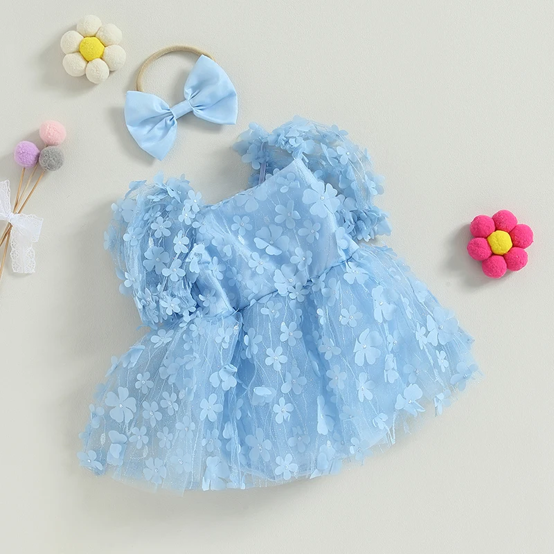 Conjunto de 2 piezas para niña, vestido mameluco de manga corta con flores y diadema bonita, ropa de verano