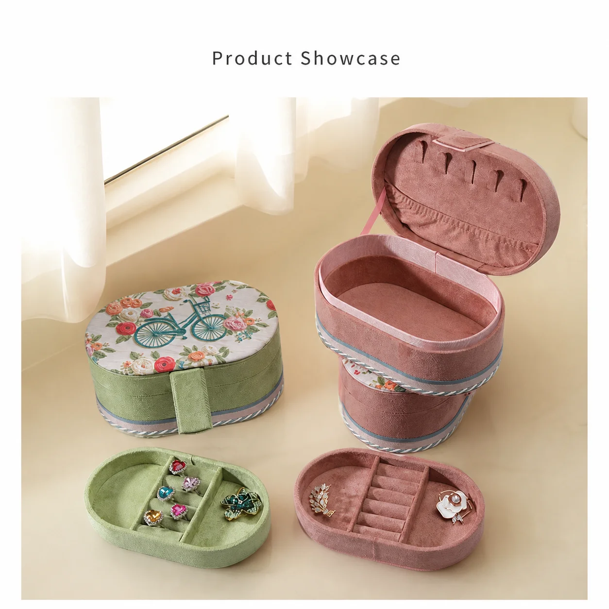 Travel Large Jewelry Box Oval Velvet Jewelry Organizer Double Layer Partition Jewelry Storage Case for Earrings Necklaces Rings
