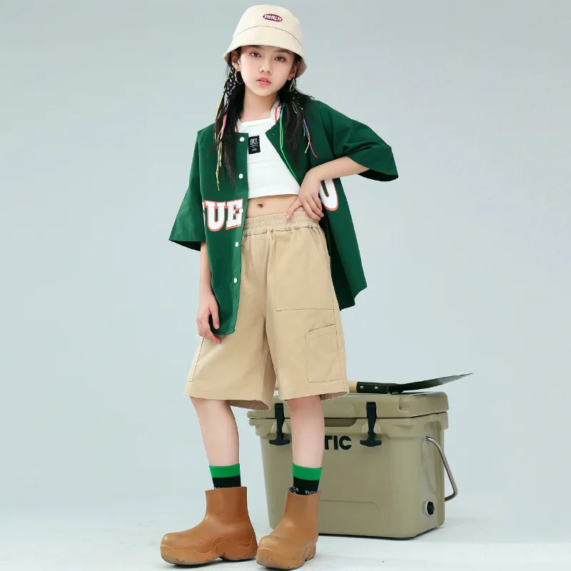 

Kid Hip Hop Clothing Dark Green Oversized Cardigan Baseball Shirt Top Khaki Cargo Shorts for Girl Boy Jazz Dance Costume Clothes