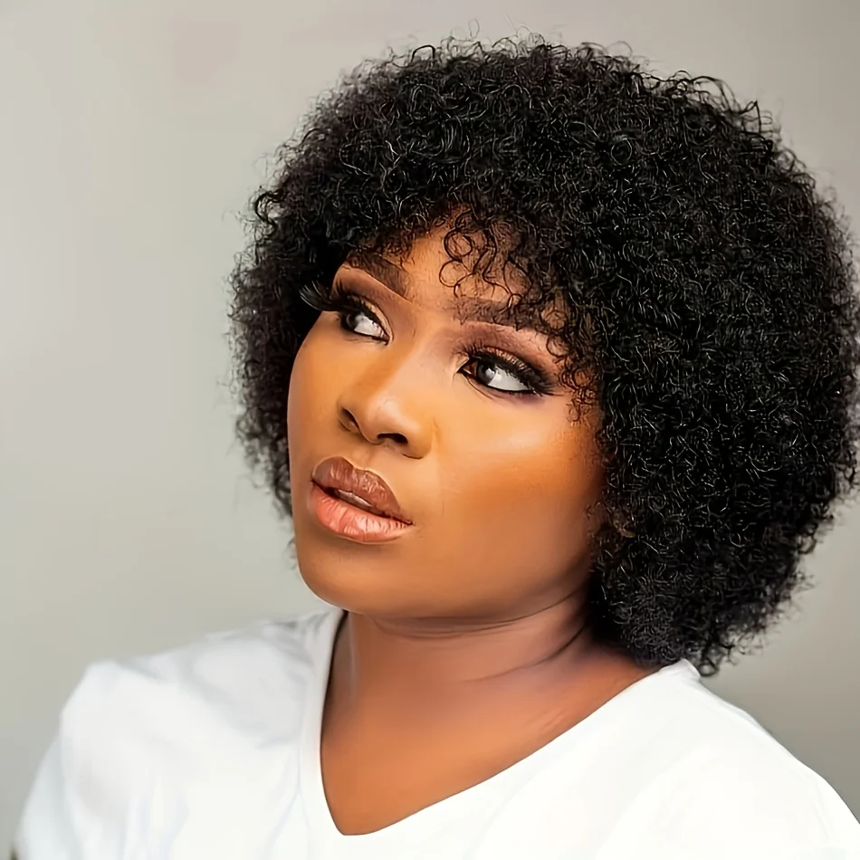 

Женский афро-кудрявый синтетический парик с челкой - плотность 150%, короткие вьющиеся, натуральные, подходят для ежедневного использования