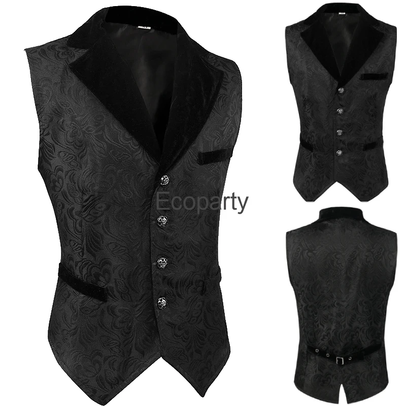 New Men\'s Medieval Vintage Jacquard Vest Steampunk Gothic Waistcoat Blac Single Breasted Renaissance Costume Male