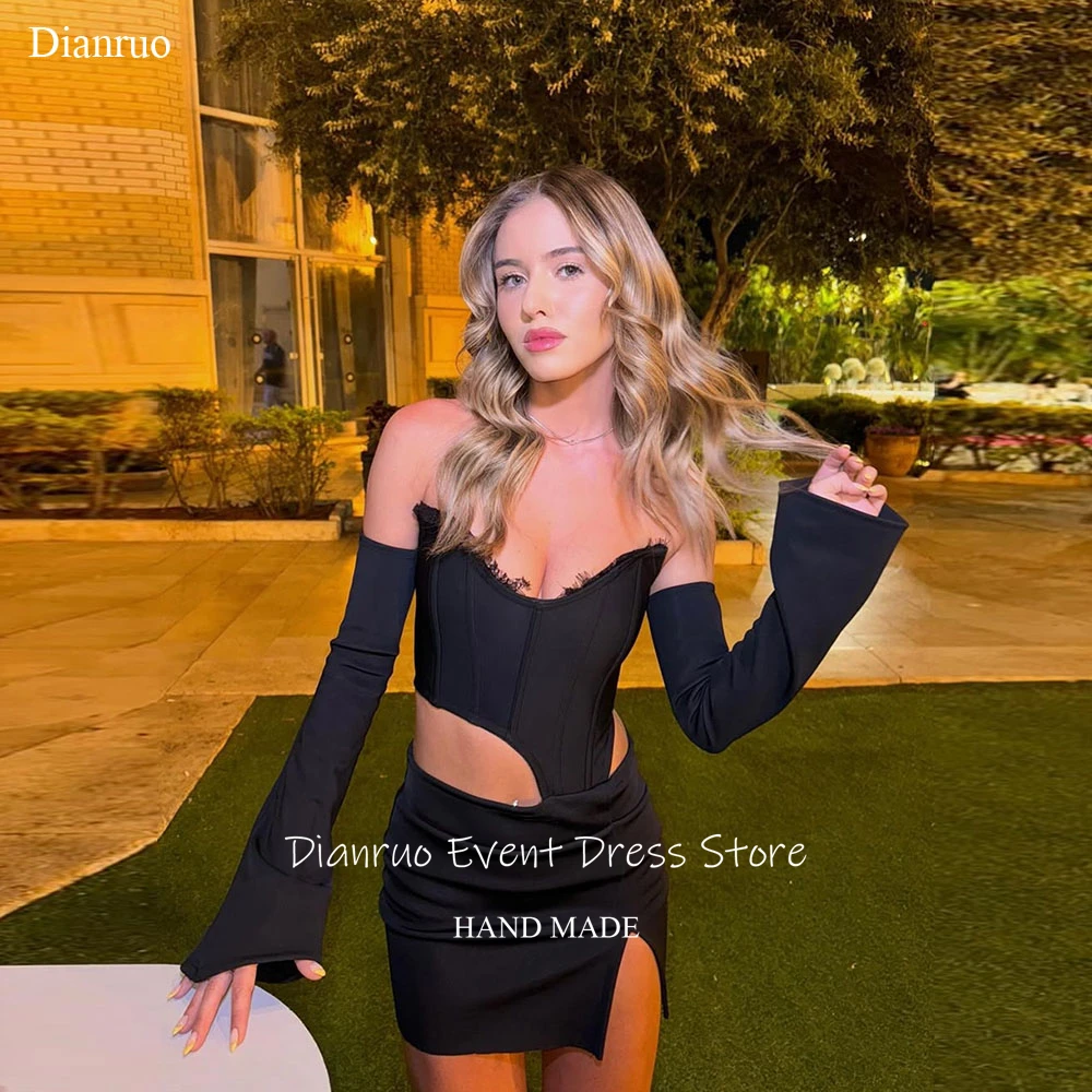 

Dianruo асимметричное атласное платье для выпускного вечера с вырезами, черные вечерние платья с разрезом и рюшами, мини-длина, высококачественные вечерние платья по индивидуальному заказу