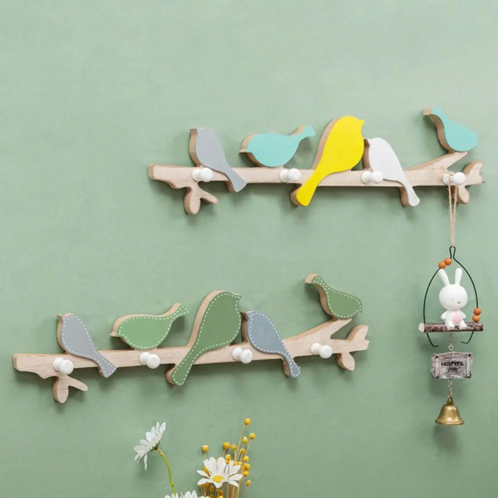 4 Hooks Bird Shape Wall Hooks Creative Punch-free Clothes Coat Hooks Wall Mount Space Saver Wood Key Hook Rack Kids Room
