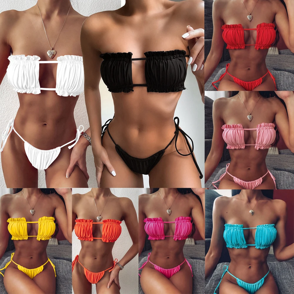 

Women's Ruffles Pleated Bikini Halter Neck String Swimsuit Rectangle Bottom Bandeau Sexy Summer Swimwear 2026