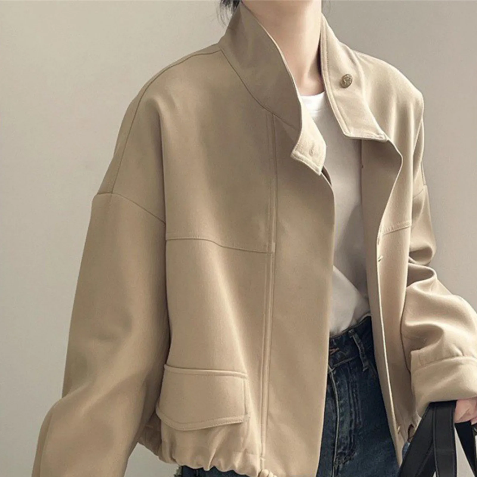 Female Casual And Versatile Solid Color Long Sleeve Cropped Jacket Korean Style Fashion Lightweight Spring Short Coat