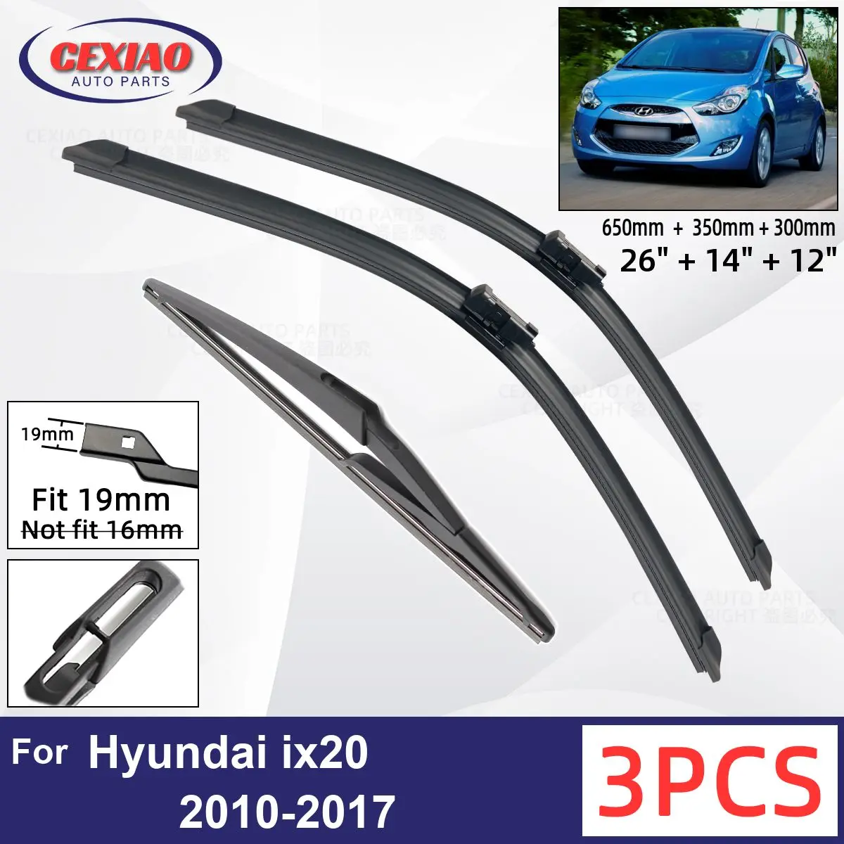 

For Hyundai ix20 2010-2017 Car Front Rear Wiper Blades Soft Rubber Windscreen Wipers Auto Windshield 26"+14"+12" 2014 2015 2016