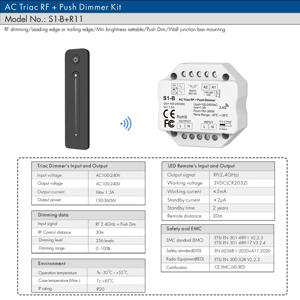 Ściemniacz LED 220V 230V Bezprzewodowy pilot zdalnego sterowania S1-B AC Triac RF Przełącznik Push Dimmer 2.4G Touch Dimmer do żarówki LED