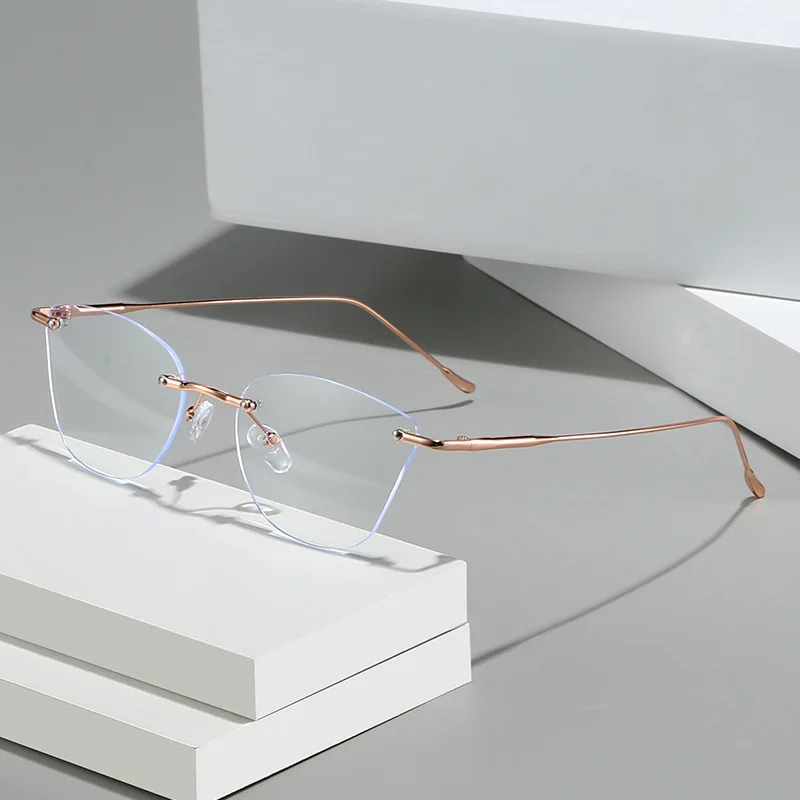 2025 Neue Modische Rahmenlose Hochmoderne Damen-Kurzsichtigkeitsbrille Ultraleichte Neutrale Elegante Luxus Anti-Blaulicht-Brille – Detail 1
