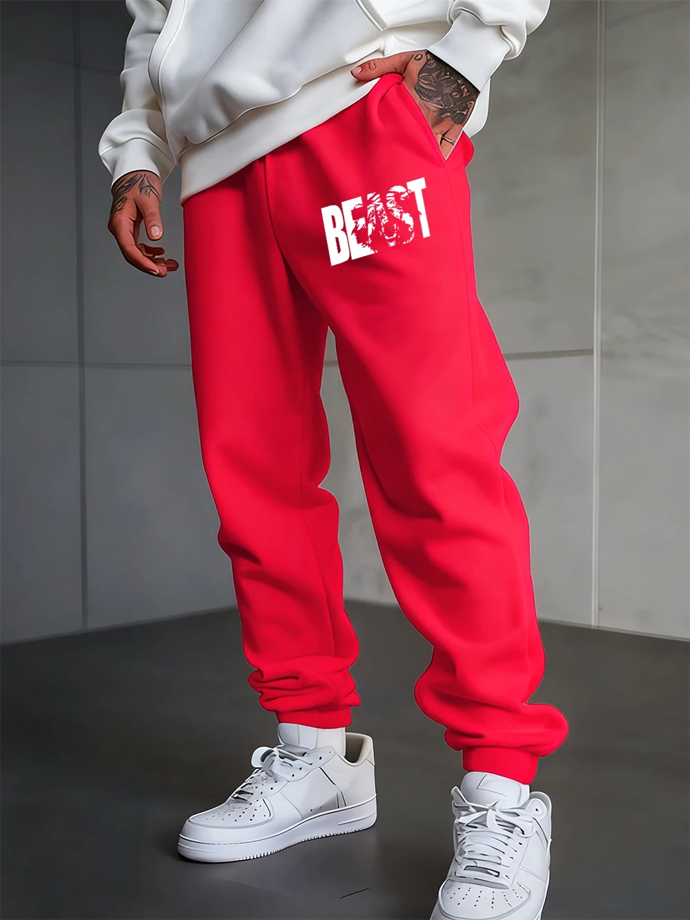 

Beast Letter Prints Sweatpants Men Casual Trousers Fleece Warm Elastic Waist Warm Jogger Pants Winter Pocket Male Sportswear