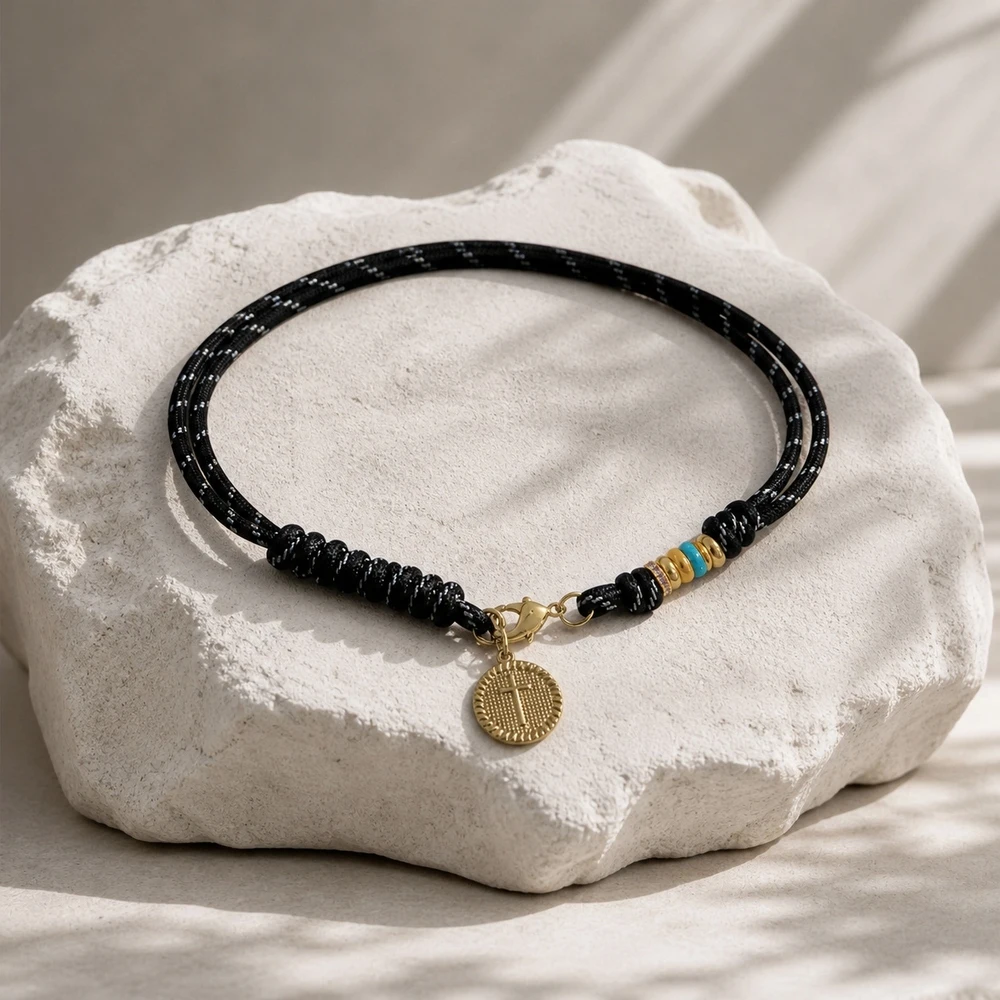 1pc Christian Cross Coin Pendant Choker Necklace Black Braided Strand Stainless Steel Lobster Clasp 18.9 Inch Party