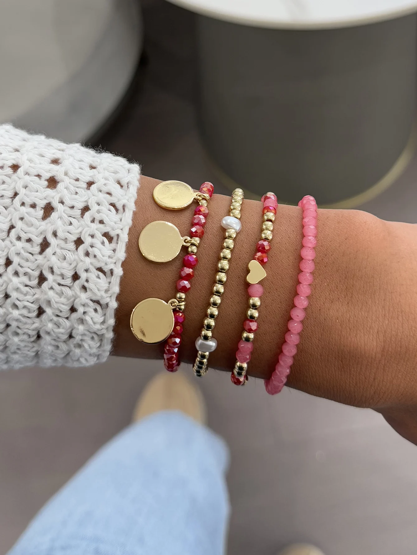 4 Uds. Exquisito colgante redondo decoración de amor lindo conjunto de pulsera de cuentas de cristal Artificial rosa para mujer joyería de uso diario