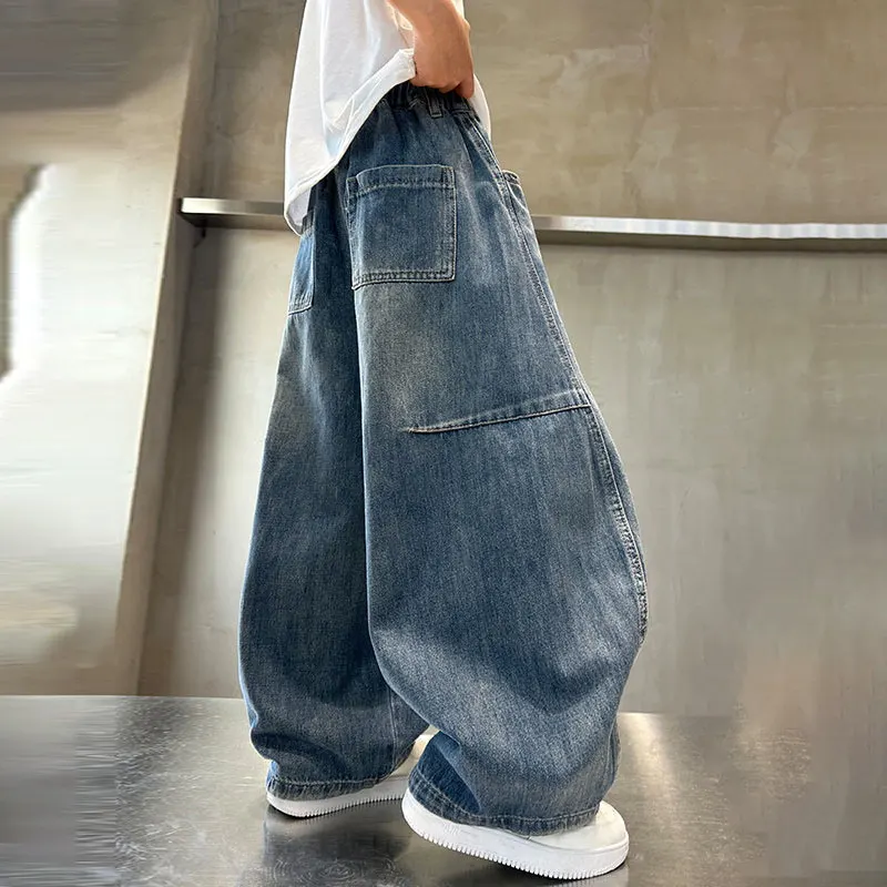 Teens Boys Vintage Washed Denim Pants 2026 Fall New Kids Banana Jeans Fashion Loose Curved Trousers Handsome Children Long Jeans
