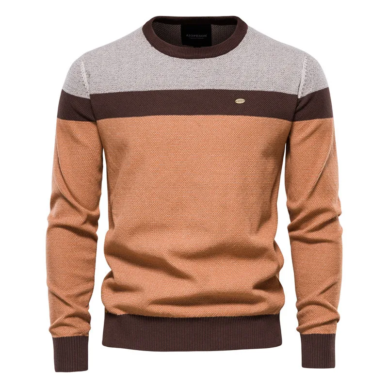 New Fashion Autumn Winter 2025 Men's Striped Casual Trendy O-neck Long Sleeve Spliced Knitted Sweaters Male Pullovers Clothes