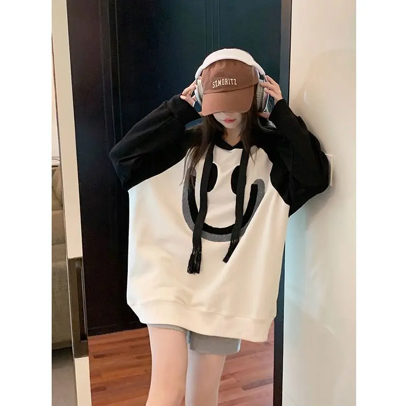 Hoodie perca kontras tipis, pakaian wanita Korea, pullover kasual longgar, bordir, lengan panjang, Hoodie perca kontras tipis, baru, musim semi, musim gugur