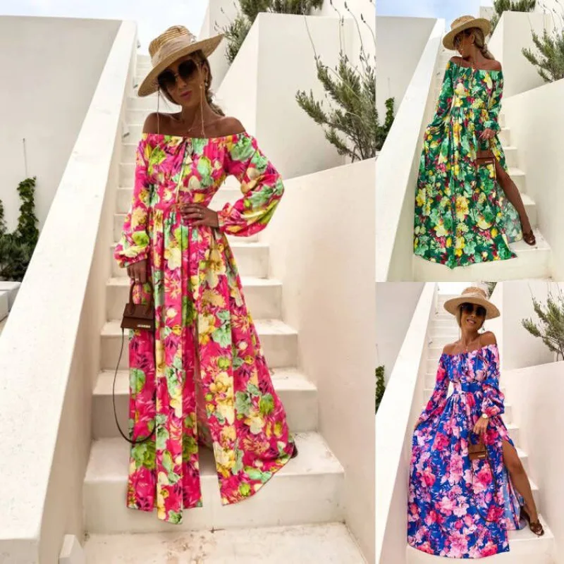 Dress Women 2022 Summer Long Lantern Sleeve Floral Print Slash Neck Sexy Split Dresses Casual Vestidos Dropshipping JQMY2003