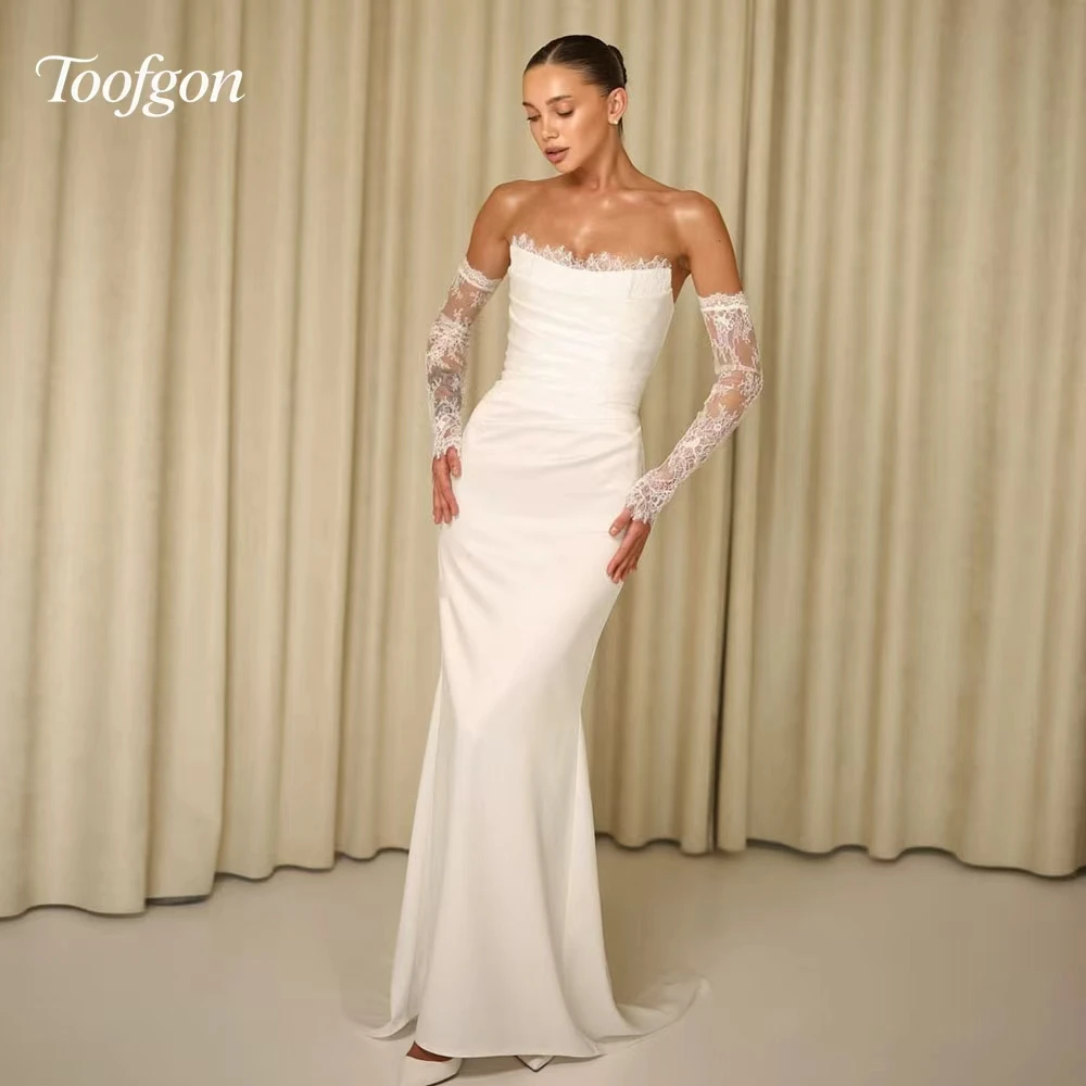 

Toofgon Chic Lace Wedding Dresses Mermaid Illusion Robe de Mariée Sweetheart Detachable Sleeves Long Bridal Gowns Customized
