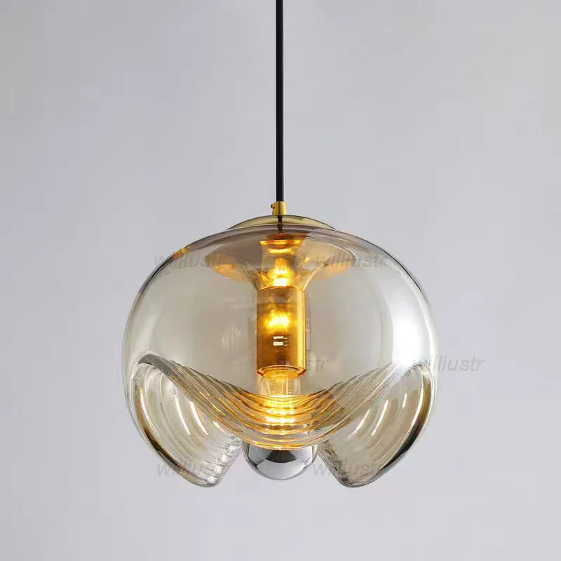 Amber Clear Smoke Pendant Lamp Reeded Glass Suspension Light Hotel Hallway Cafe Bedside Creative Iron Hanging Ceiling Chandelier