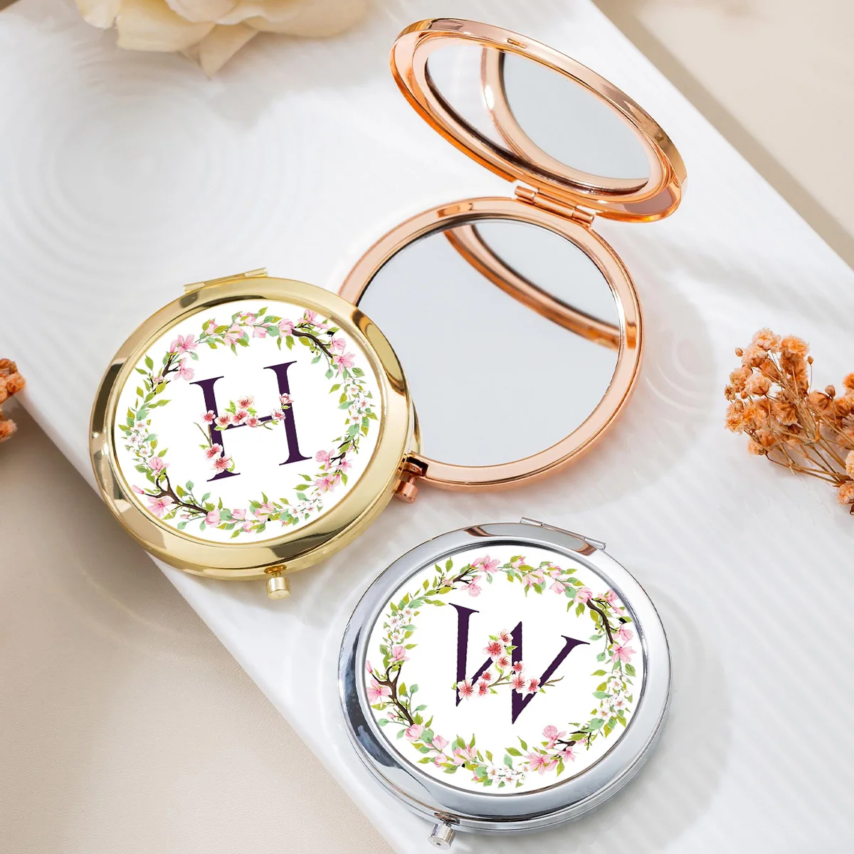 Golden border double-sided folding portable makeup mirror, personalized letter flower women's travel pocket mirror