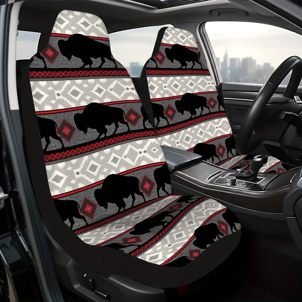 2pcs, Trendy Buffalo Tribal Motif Print Front Seat Covers, Soft And Foldable, Compatible With Most Sedan And SUV Front Seats, Pe