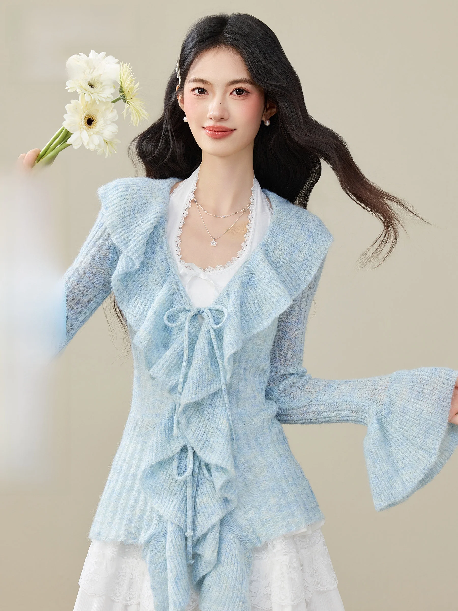 

Вязаный кардиган Lingjiu Wind Chime Thin Tead для женщин: осенне-зимняя новинка, универсальный, элегантный, с открытым передом