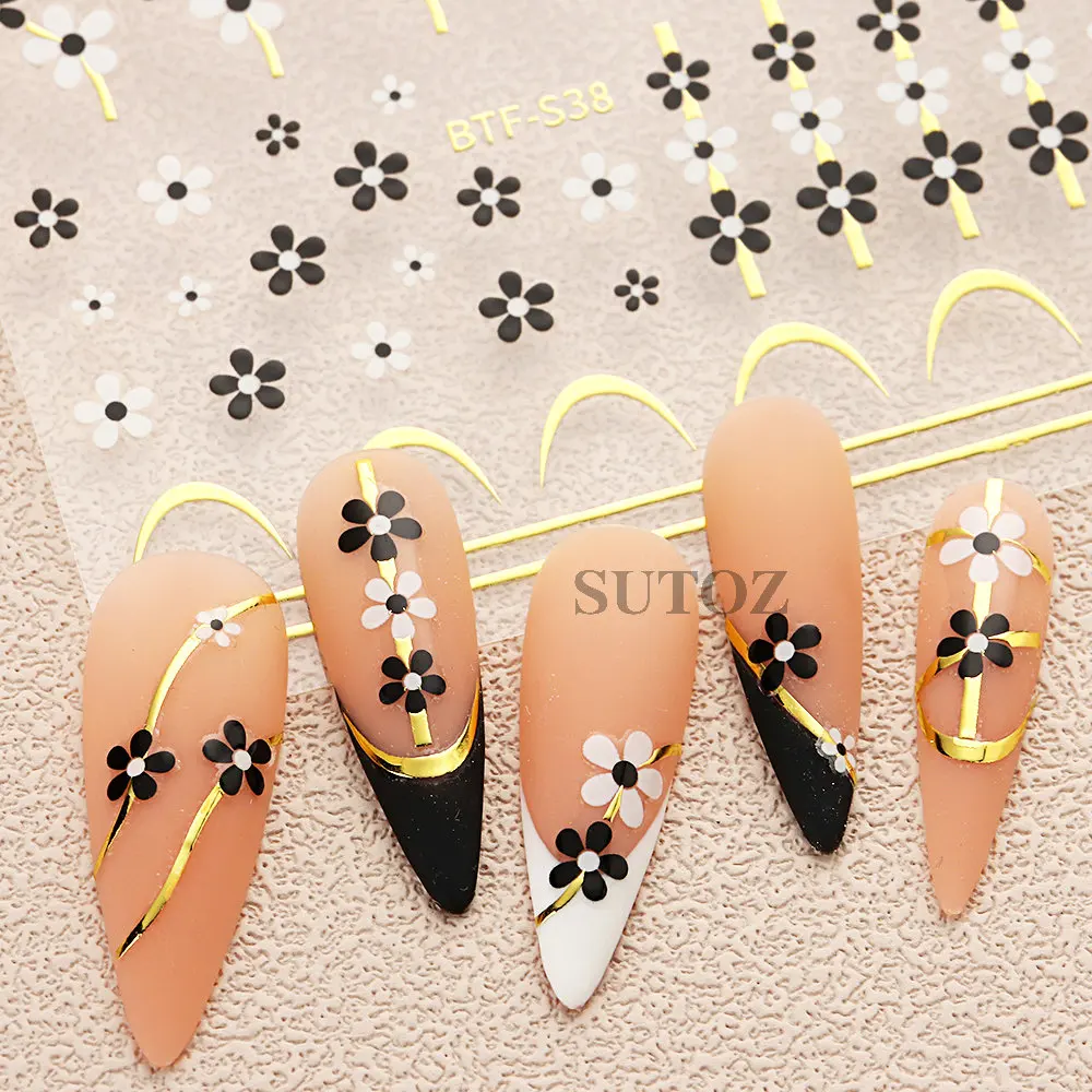 3D Black White Flower Nail Sticker Geometry Golden Wave Lines Nail Art Decals Hibiscus Love Heart Design Y2K Manicure LEBBTF-S37