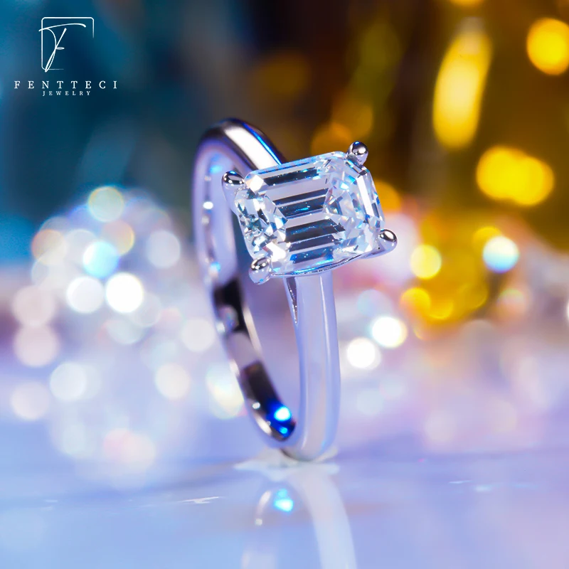 FENTTECI 2 Carat Ring S925 Sterling Silver with Platinum Plated Emerald Moissanite Diamond Ring for Women Fine Jewelry Wedding