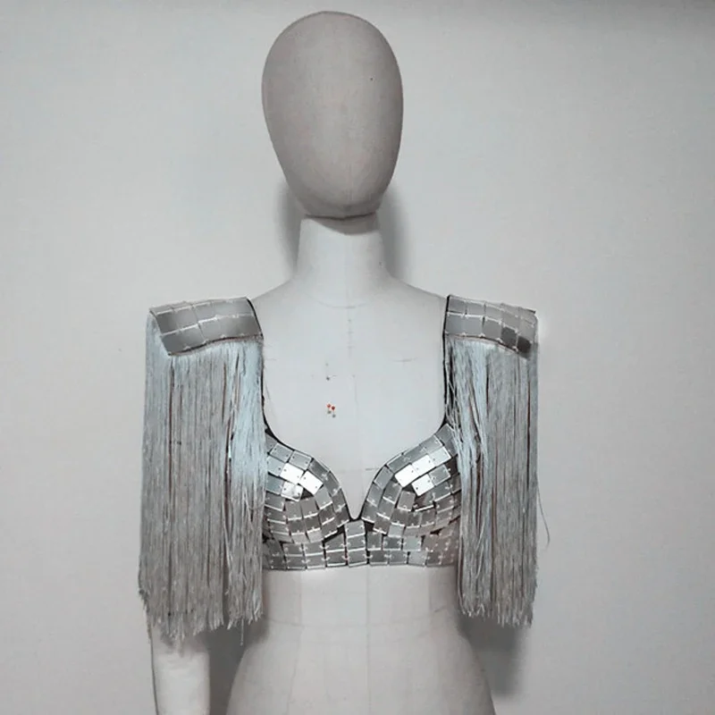 Gold Silver Tassel Mirror Vest High Waist Shorts Bar Stage Performance Costume Sequins Waistcoat DJ Singer Jazz Dance Outfits