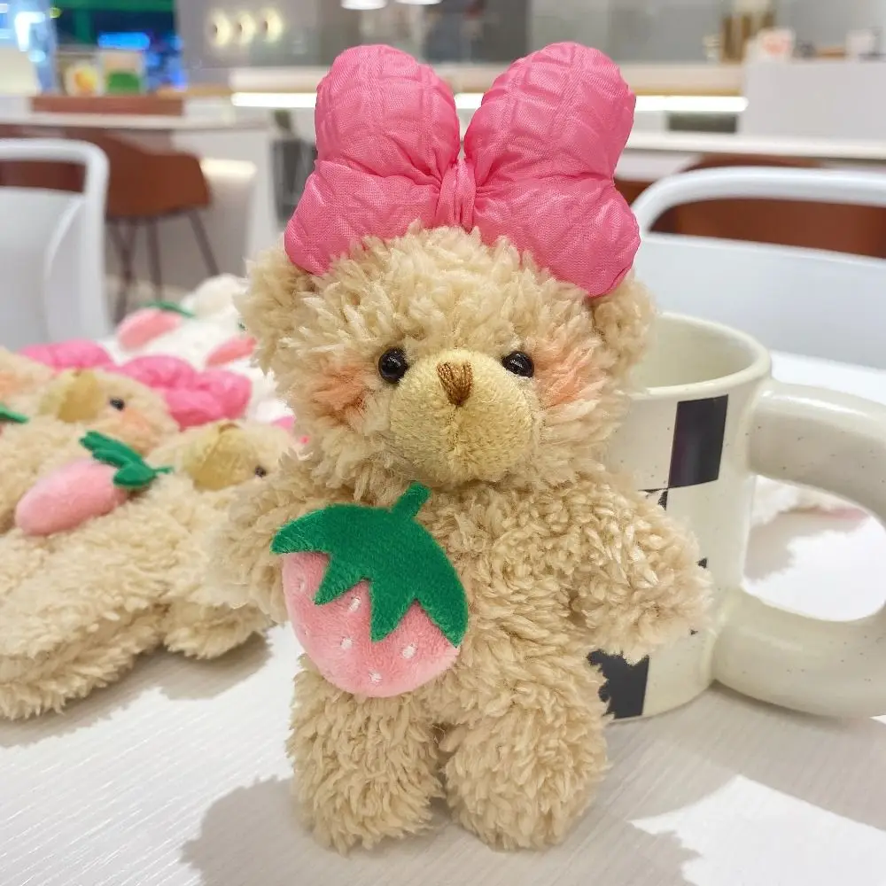 Cute Soft Bear Plush Keychain Bowknot Cartoon Strawberry Bear Doll Pink Plush Stuffed Bow Bear Pendant Bag Hanging