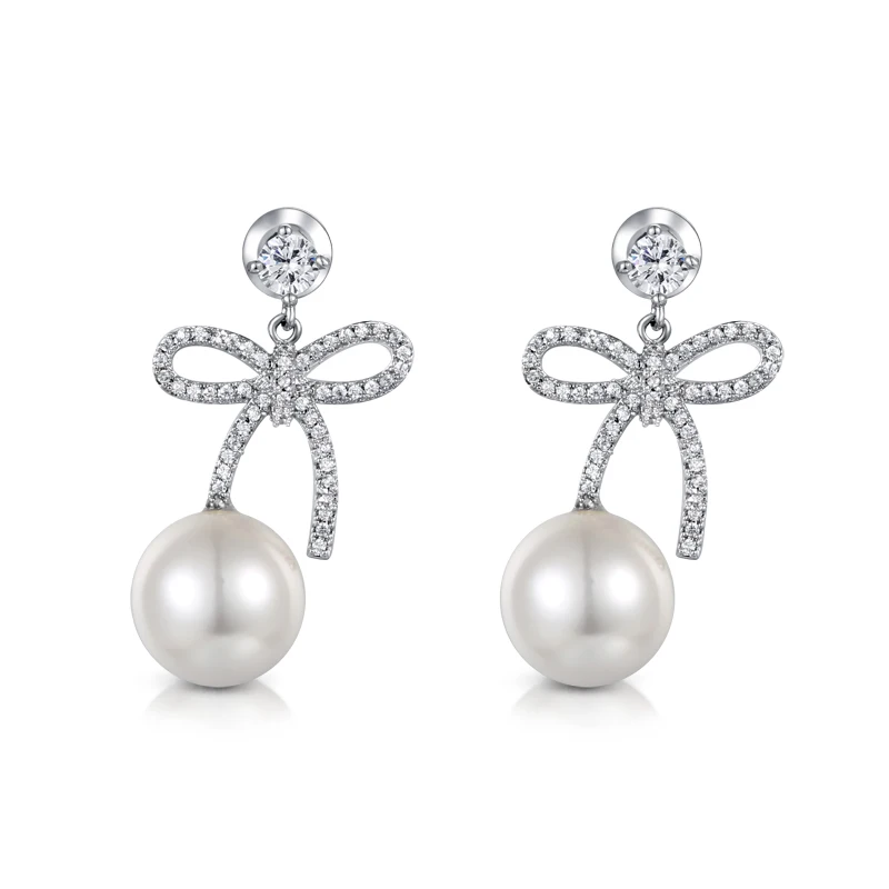 

New French Temperament Bow Ribbon Real Fresh Water Pearl Earrings for Women Plated 18K Gold Jewelry Wholesale