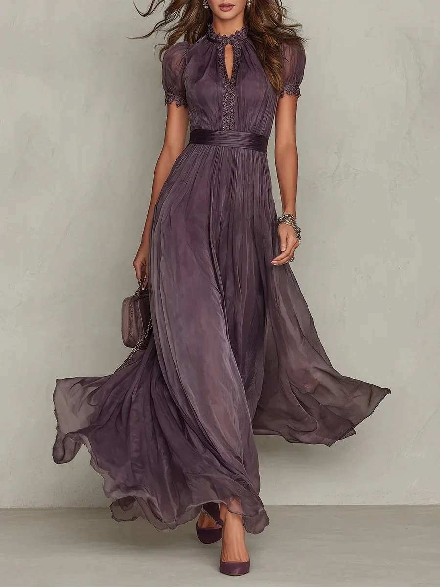 

Women's Dress 2026 Spring Summer New Solid Color High Neck Lace Patchwork Short Sleeve Cinched Waist Elegant Chiffon Dress