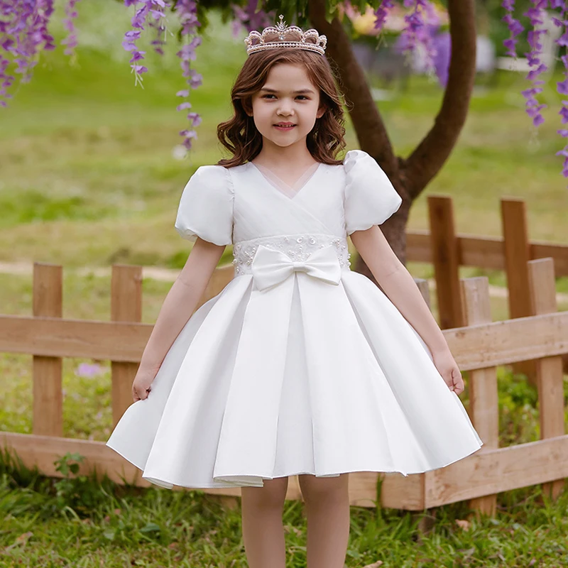 

Summer Girls Princess Dress Bow Puff Sleeve Elegant Kids Girl Birthday Party Dresses For Wedding Formal Gown Children Costume