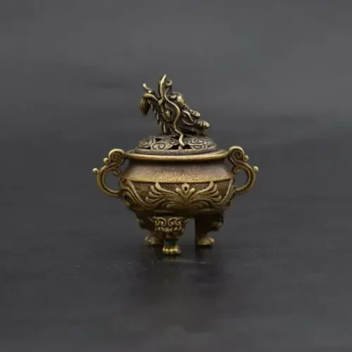 6 CM Chinese Pure bronze Copper Foo Dog lion Dragon Head Incense Burners Censer