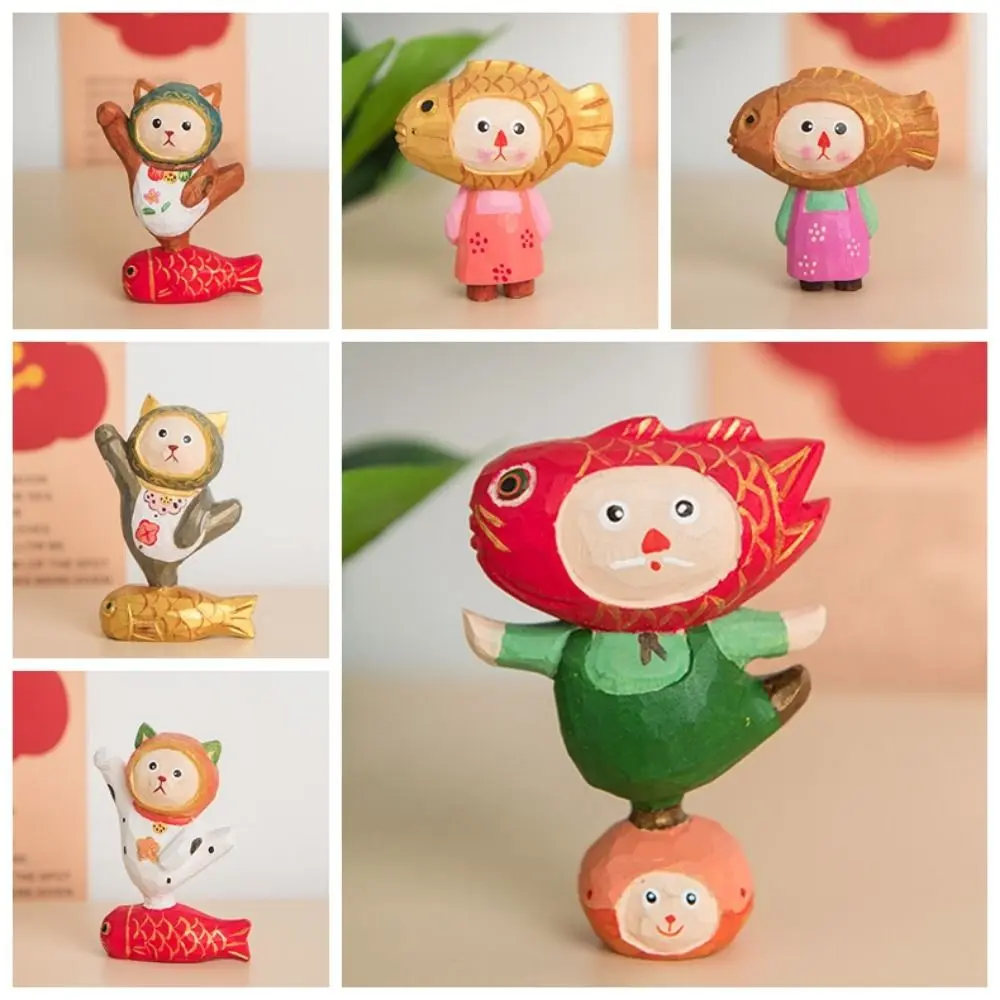 Small Wood Carving Cat Ornament Solid Wood Cute Painted Cartoon Cat Sculpture Handmade Simple Style